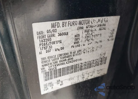 2002 Ford F-150 Lariat/Xlt из США, поврежденный, VIN 1FTRW08LX2KD60145